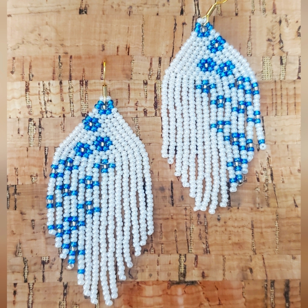 Floral Czech Glass Bead Handwoven Fringe Earrings